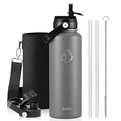 Buzio Duet Series Water Bottle with 2 Lids and Sleeve 1.2L - Grey